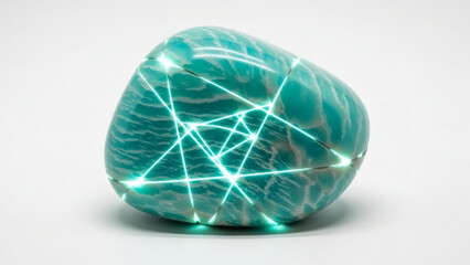 A smooth teal stone with glowing blue geometric lines forming a network pattern on a white background.