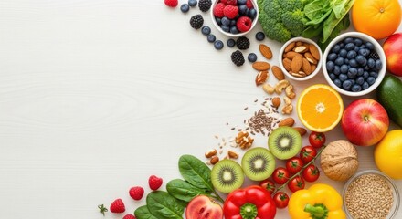 A colorful arrangement of fruits and vegetables on a white wooden table.