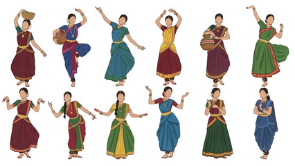 Naklejka premium Stunning collection of Indian classical Bharatanatyam dancers showcasing vibrant cultural poses and traditional costumes