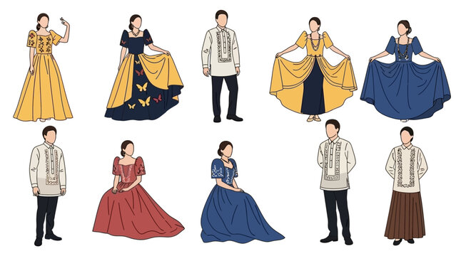 Stunning collection of elegant Filipino cultural attire featuring traditional Barong Tagalog and Terno dresses