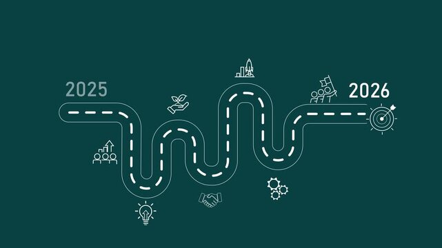 Business roadmap to 2026 success concept. A strategic business journey. Finger points at the 2026 target, surrounded by icons representing innovation, sustainability, year change animation concept. 4k