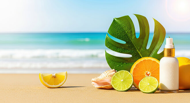 A tropical beach scene with a green palm leaf, lemons, limes, and a bottle of sunscreen on the sand. - Powered by Adobe