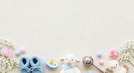 A baby's first birthday party with a blue and white theme, featuring a lamb, pacifier, and balloons.