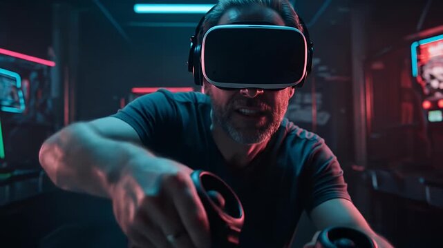 Man Experiencing VR Gaming Excitement Neon Lights Futuristic Arcade