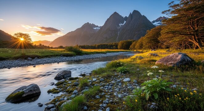 A serene mountain landscape with a river flowing through a lush green meadow at sunset. - Powered by Adobe