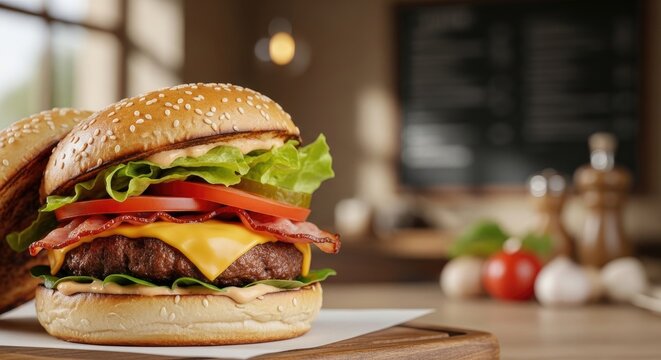 A delicious burger with lettuce, tomato, and cheese on a sesame seed bun. - Powered by Adobe