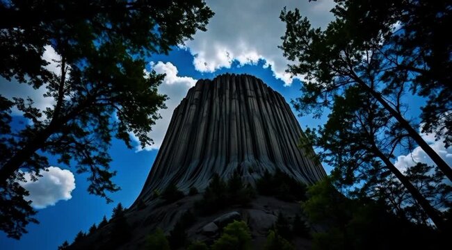 Devils Tower Framed by Cottonwood Trees Against a Blue Sky