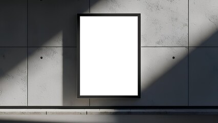 A blank vertical poster mockup in a black frame hanging on a modern concrete wall with dramatic shadows.