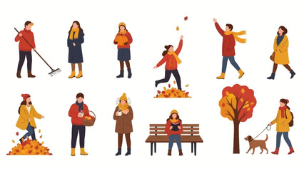 Naklejka premium Vibrant autumn scenes showcasing diverse people enjoying crisp fall weather with seasonal activities and colorful foliage