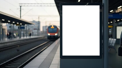 A blank advertisement screen stands in focus at a train station platform with a passing train.