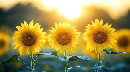Fototapeta premium Sunflowers field at sunset, beautiful nature scene, perfect for backgrounds and lifestyle images