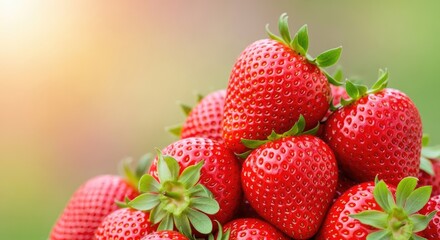 A vibrant pile of fresh strawberries against a blurred green background.