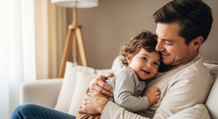 A man and a child sitting on a couch in a cozy living room.