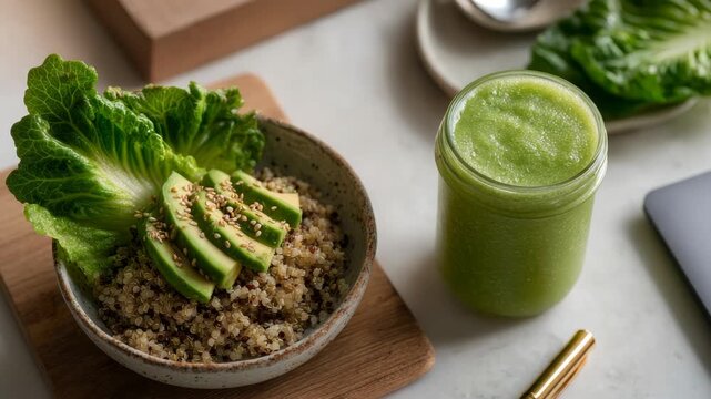 Healthy quinoa bowl with avocado and green smoothie on a white desk