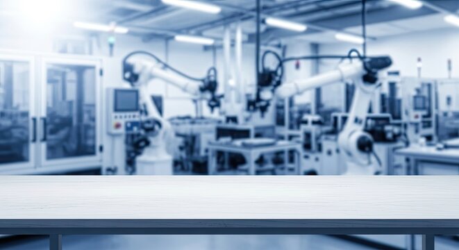 A robotic arm in a factory setting, with a blurred background of industrial machinery. - Powered by Adobe