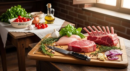 Fresh raw meats chicken steak lamb rack with herbs garlic onions olive oil tomatoes