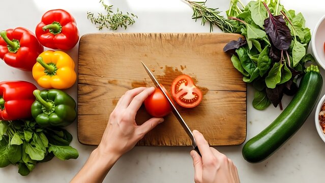 Overhead view of hands slicing a fresh red tomato on a wooden cutting board surrounded by colorful vegetables and leafy greens, preparing a healthy meal. - Powered by Adobe