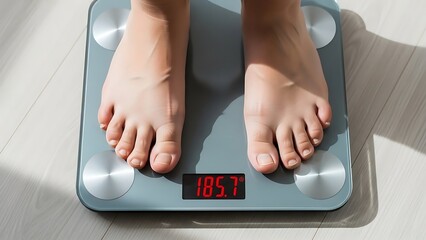 A person's bare feet standing on a modern digital bathroom scale displaying a weight of 185.7 on a light wooden floor.