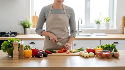 Woman in apron chopping fresh red bell pepper on a wooden cutting board in a bright, modern kitchen with various vegetables on the counter.