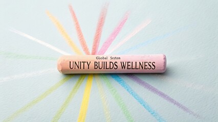 Unity Builds Wellness Concept with Colorful Chalk Rays on Blue Background for Mental Health and Community Well-Being Initiatives