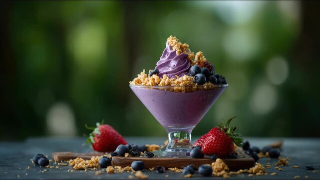 Delicious blueberry smoothie with granola, fresh strawberries, in a glass