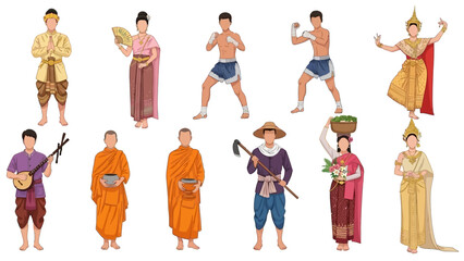 Diverse Thai culture showcase featuring traditional dancers, monks, farmers, musicians, and martial artists in vibrant attire