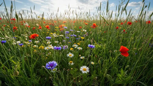 A vibrant wildflower meadow teeming with colorful blooms and lush green grass under a clear blue sky, capturing the essence of natural beauty and seasonal growth.