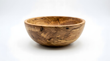 Close-up of a wooden bowl showcasing its natural wood grain texture and aesthetic, set against a clean, white background