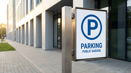 Parking Sign in Urban Setting Public Garage Information and Directions