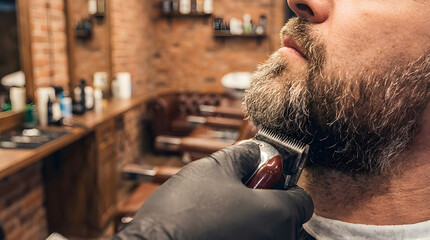 Barber trimming a man's beard with electric clipper in a barbershop