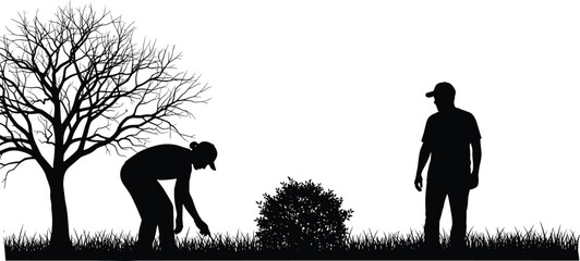 Gardener planting shrub while another worker supervises outdoor landscaping scene with tree, grass, garden maintenance silhouette illustration for yard work themes