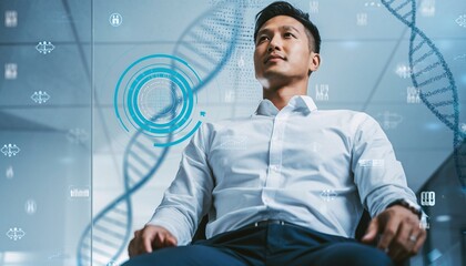 Futuristic vision of a scientist looking at a holographic DNA helix for genetic research