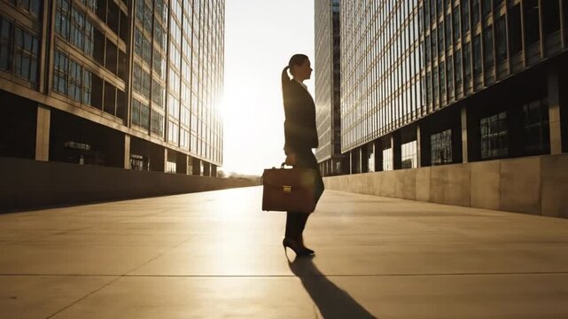 Confident businesswoman walking with briefcase in urban corporate district, sunlit path