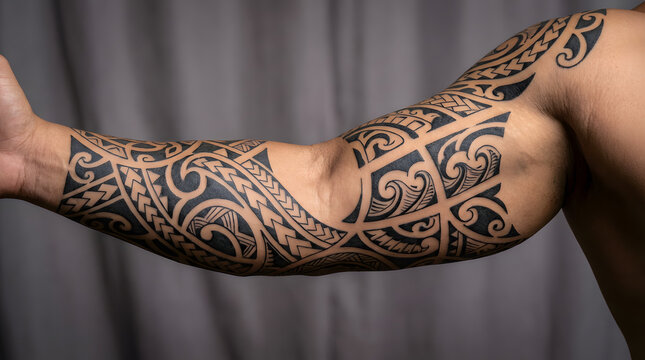 Artistic Maori tribal tattoo design covering a man's arm, showcasing intricate patterns and cultural symbolism