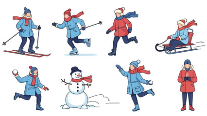 Capture the joy of winter fun with vibrant illustrations of people skiing, skating, sledding, building snowmen, and enjoying warm drinks outdoors.