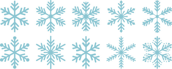 Ten Blue Snowflake Illustrations, Assorted Light Blue Snowflake Icons, Set of Stylized Winter Snowflakes, Seamless Row of Snowflakes, silhouette, vector, illustration.