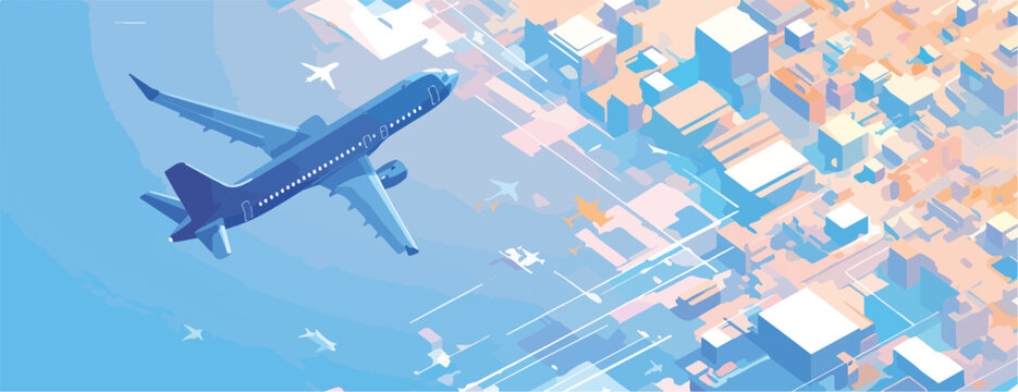 A sleek blue vector airplane soars above an abstract, futuristic cityscape, symbolizing global travel and modern connectivity.