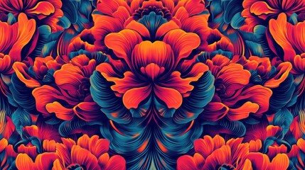 A vibrant floral display with orange blossoms and teal foliage creating a visually appealing and mesmerizing symmetrical pattern