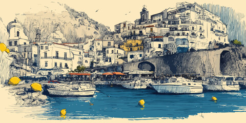 A picturesque vector illustration capturing the stunning Amalfi Coast with its charming hillside architecture and bustling harbor filled with boats.