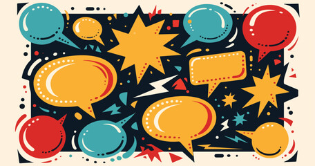 Vibrant vector illustration showcasing a dynamic collection of colorful speech and thought bubbles in a retro comic pop art style, perfect for communication.