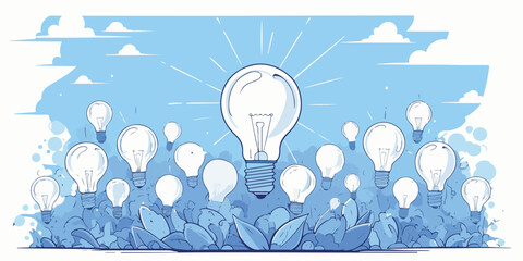 A prominent glowing light bulb surrounded by smaller bulbs and blue foliage, symbolizing innovation and growth in a vector illustration.