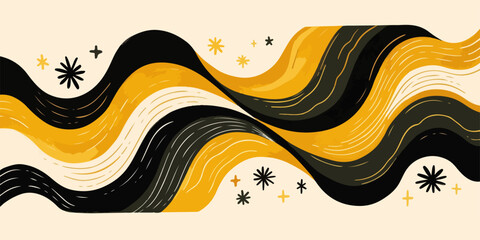 Elegant vector illustration featuring flowing black and golden wavy lines with subtle star accents, creating a dynamic and stylish abstract background.