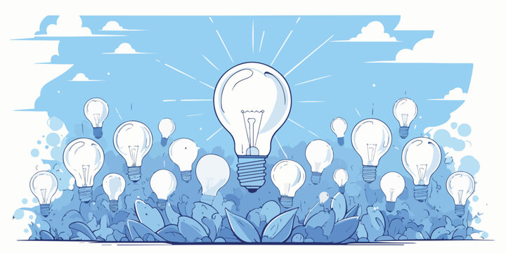 A prominent glowing light bulb surrounded by smaller bulbs and blue foliage, symbolizing innovation and growth in a vector illustration.