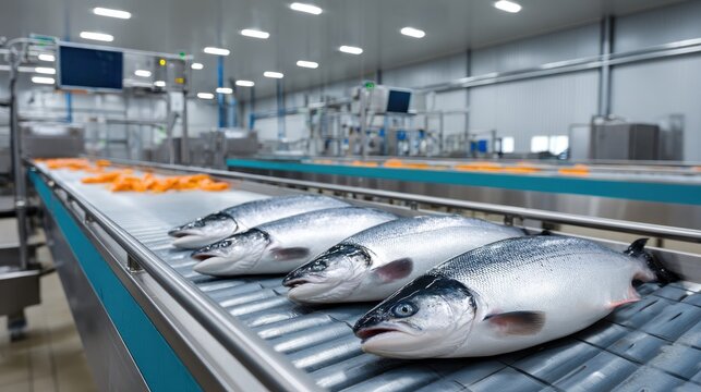 Overhead view of clean salmon processing facility in modern seafood production environment - Powered by Adobe