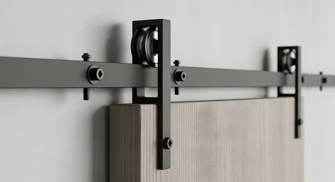 Close-up of a sleek black metal barn door hardware system featuring sturdy rollers and a smooth track mechanism, highlighting contemporary interior design and space-saving functionality