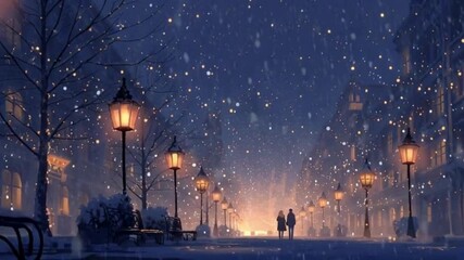 A romantic couple walks down a snow-covered city street at night, illuminated by the warm glow of vintage lampposts. - Powered by Adobe