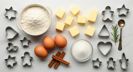 Flat lay of essential baking ingredients for homemade Christmas cookies including flour, butter, eggs, and sugar on a white marble background