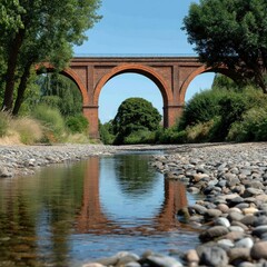 Fototapeta premium Brick Bridge Reflecting in River Water Under Blue Sky