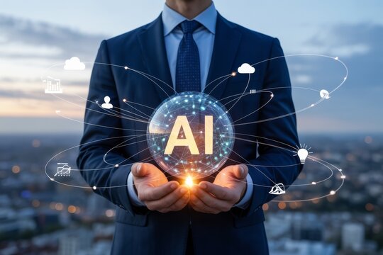 Businessman holding AI sphere with network connections - Powered by Adobe