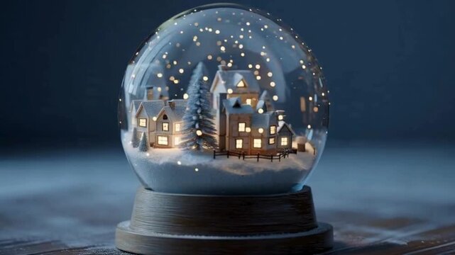 A magical snow globe containing a cozy, illuminated winter village scene with falling snow.